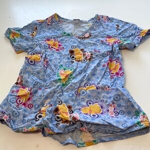 Disney Small Short Sleeve Pooh Bear Blue V Neck Scrubs Top